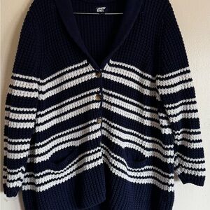 Lands' End Navy and White Striped Shawl-Collar Cardigan